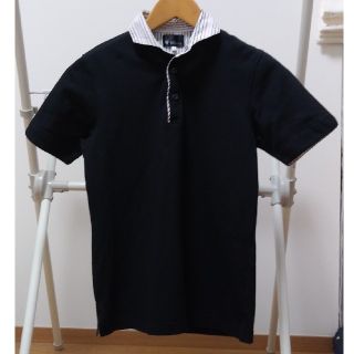 ザショップティーケー(THE SHOP TK)のポロシャツ　ポロとストライプシャツのレイヤード風　黒(ポロシャツ)
