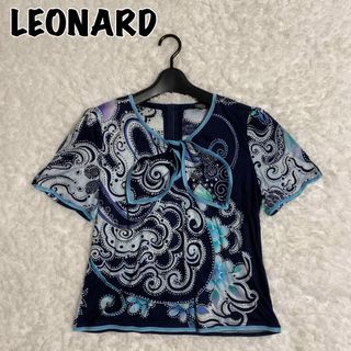 レオナール(LEONARD)の美品！LEONARD カットソー トップス 半袖 リボン 総柄 花柄 水色(Tシャツ(半袖/袖なし))