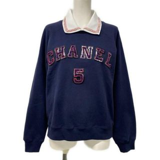 シャネル(CHANEL)のCHANEL(シャネル) トレーナー サイズ36 S レディース - P74271 ダークネイビー×白×マルチ 2023年春夏プレコレクション/レイヤード/襟付き/ロゴ/No.5/ビーズ/ラメ コットン(トレーナー/スウェット)