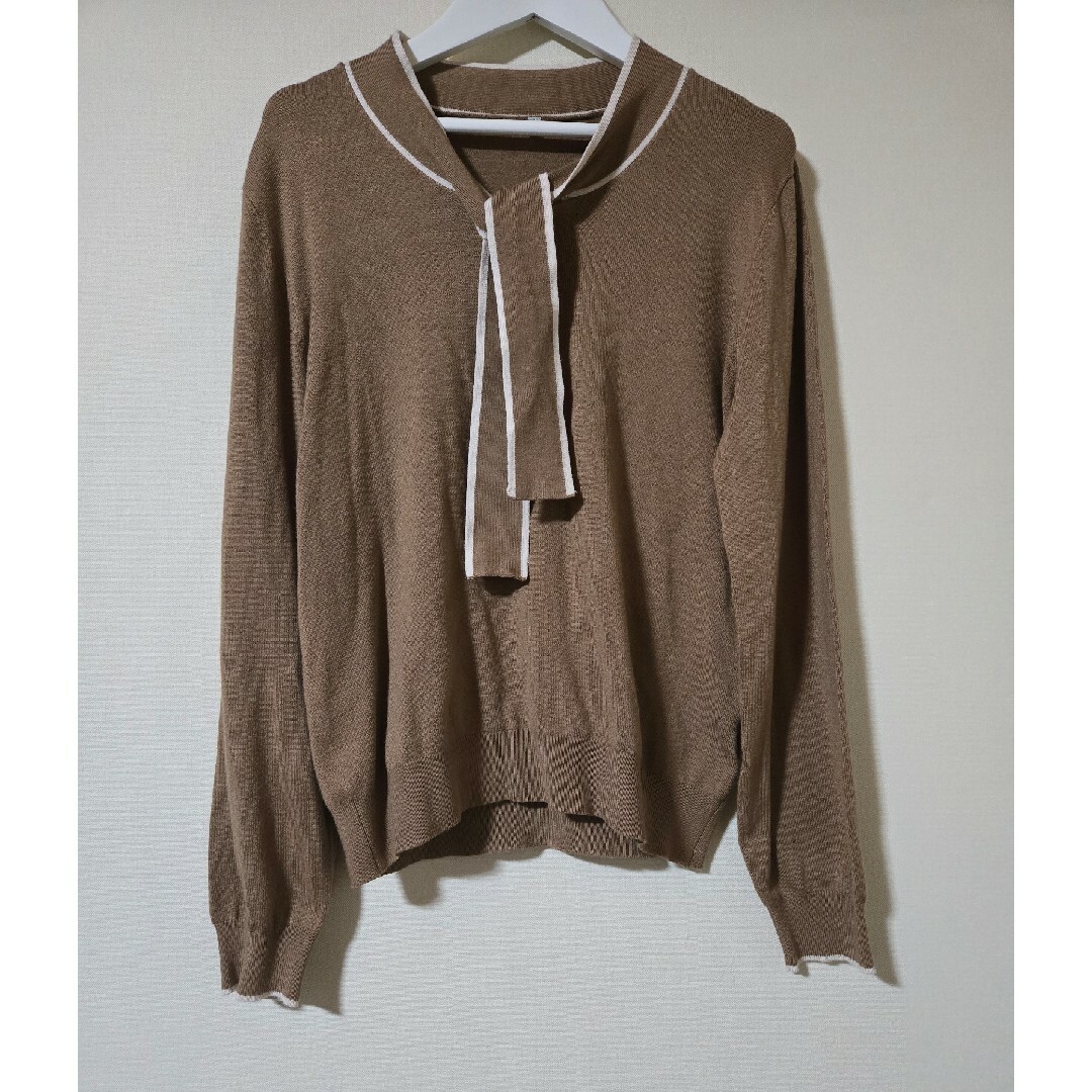 しまむら(シマムラ)のしまむら　[洗える]ボウタイニット  M 濃ベージュー×ホワイト レディースのトップス(ニット/セーター)の商品写真