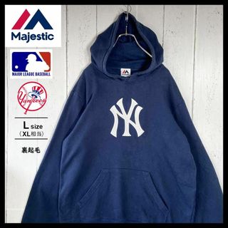 Majestic - MLB ヤンキース 刺繡ロゴ パーカー フーディー 古着 L (XL相当) 紺