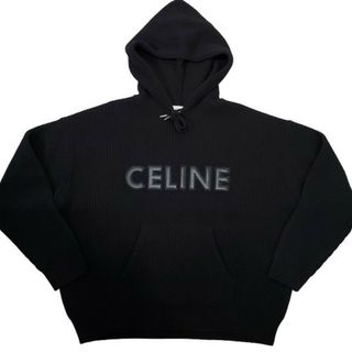 セリーヌ(CELINE)のCELINE セリーヌ 24AW ロゴレザー オーバーサイズニットパーカー トップス Knit Parka メンズ レディース S ブラック 美品(ニット/セーター)