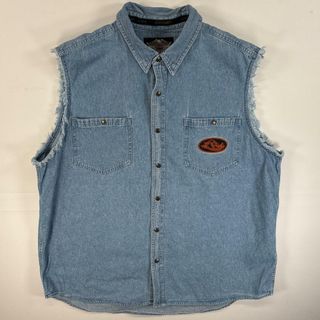 ハーレーダビッドソン(Harley Davidson)の古着 ハーレーダビッドソン HARLEY DAVIDSON デニム ベスト カットオフシャツ バック 刺繍 ワッペン XXL  ブルー系 無地 メンズ(ベスト)
