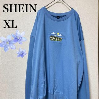 シーイン(SHEIN)のSHEIN スウェット トレーナー ブルー XL　刺繍 ゆるだぼ オーバーサイズ(トレーナー/スウェット)