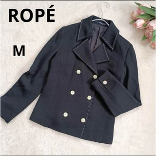 ロペ(ROPE’)の美品 ROPÉ ダブルボタン テーラードジャケット マリン ステッチ 紺 M(テーラードジャケット)