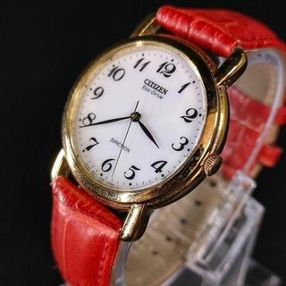 シチズン(CITIZEN)の美品　CITIZEN　シチズン　E030　ゴールド　ホワイト　ソーラー　メンズ(レザーベルト)
