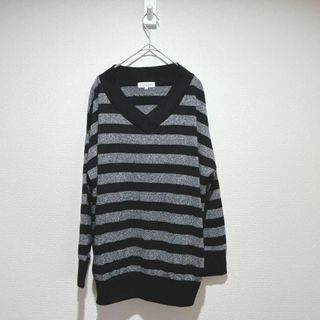 シマムラ(しまむら)の【クロッシー】 黒とグレーのボーダーVネックニット　Lサイズ(ニット/セーター)