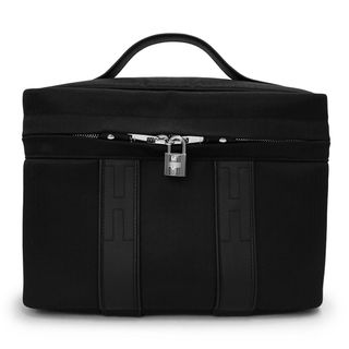 エルメス(HERMES)のエルメス アカプルコ バニティ コスメ 化粧 ポーチ ハンドバッグ トワルシェブロン キャンバス カーフスキン レザー ブラック 黒 シルバー金具 HERMES（未使用保管品）(ハンドバッグ)