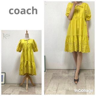 コーチ(COACH)のコーチ　カットワークレース使いワンピース 0イエロー　コットン　半袖(ひざ丈ワンピース)