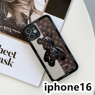 iphone16ケース 可愛い 熊 ガラス ブラウンB(その他)