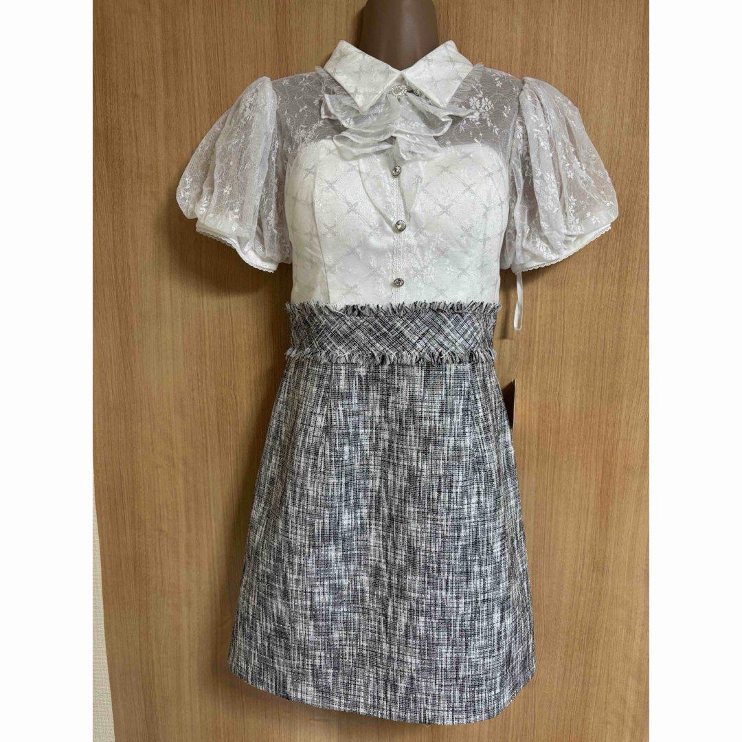 ROBE(ローブ)のfm2753＊スパン織レースツイード切替ドレスgyL レディースのフォーマル/ドレス(ミニドレス)の商品写真