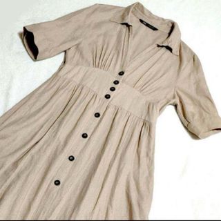 ザラ(ZARA)のZARA ワンピース ベージュ シャツワンピース 半袖 フリル裾(ロングワンピース/マキシワンピース)