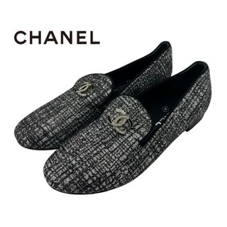CHANEL - シャネル CHANEL フラットシューズ 靴 シューズ ファブリック レザー ブラック シルバー ココマーク ラメ ローファー オペラシューズ