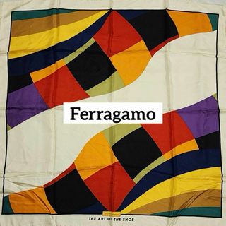 サルヴァトーレフェラガモ(Salvatore Ferragamo)の★Ferragamo★ スカーフ 大判 靴 シルク ホワイト マルチカラー(バンダナ/スカーフ)