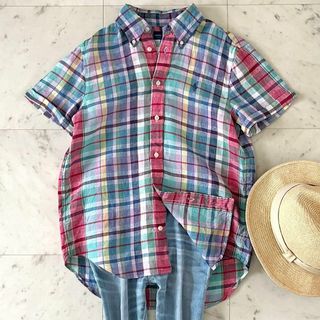 Ralph Lauren - 美品＊ラルフローレン リネン半袖チェックシャツ S ボタンダウン ポニー刺繍ロゴ
