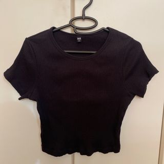 ユニクロ(UNIQLO)のUNIQLO ショート丈　リブ編み Tシャツ L 黒(Tシャツ(半袖/袖なし))