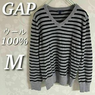 ギャップ(GAP)のGAP ボーダーニットプルオーバー　長袖　メリノウール100％　Vネック　M(ニット/セーター)