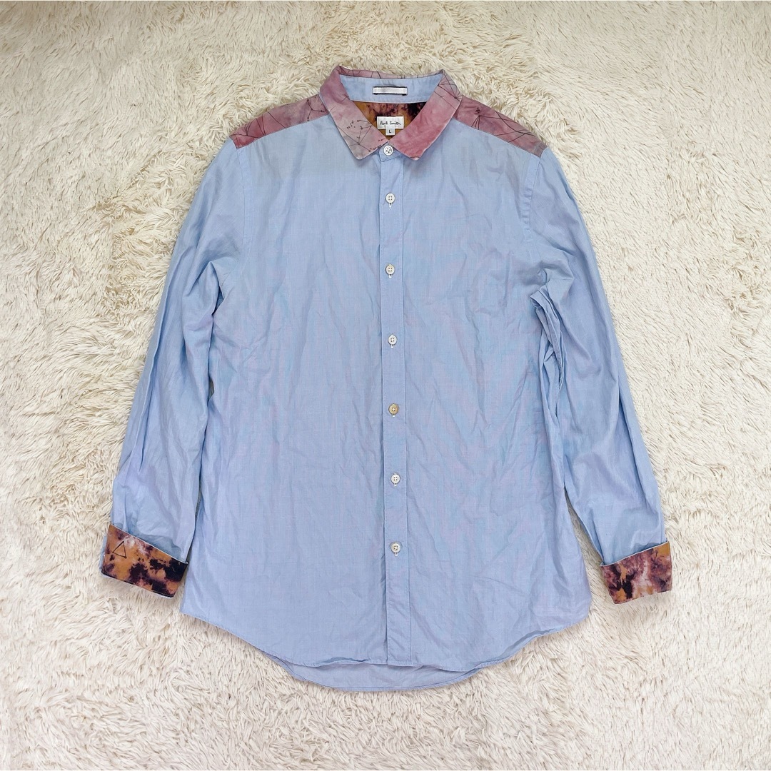 Paul Smith(ポールスミス)の【希少】ポールスミス　シルク　ブルー　総柄　長袖シャツ　メンズ　Lサイズ メンズのトップス(シャツ)の商品写真