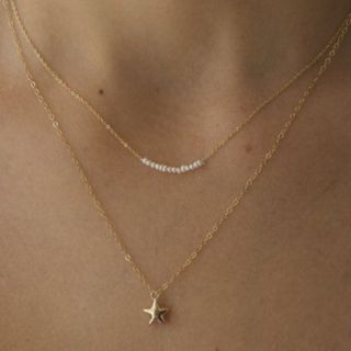 ete - 星の願いと月のささやき マリハ天然真珠パールと星の二重ゴールドネックレス