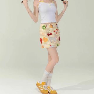 キャンディーストリッパー(Candy Stripper)のziziFei フルーツプリント ギンガムチェック ミニスカート イエロー (ミニスカート)