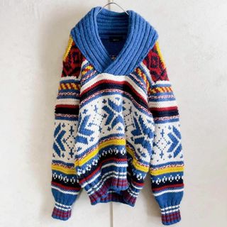 ZARA - 極希少品✨ZARA MAN 3Dニット　マルチカラー　青系　総柄　一点物　M